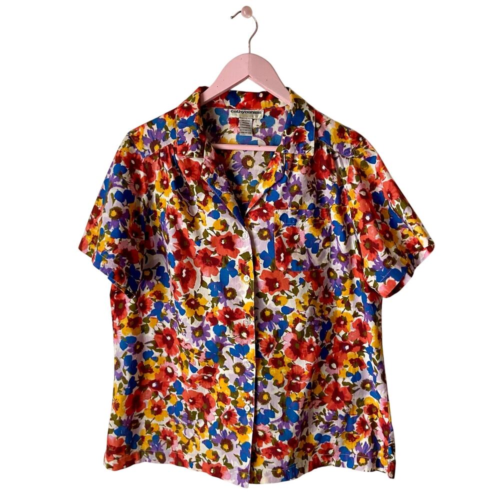 Vintage Cathy Daniels Floral Blouse Cotton Button Down Shirt Multicolor